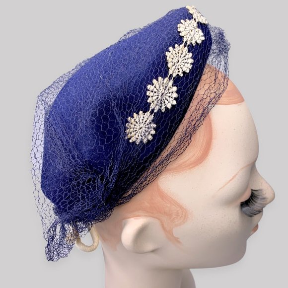 Vintage Blue Virgin Wool Felt Embroidered Beret Tam Cap Hat WWII main image 7